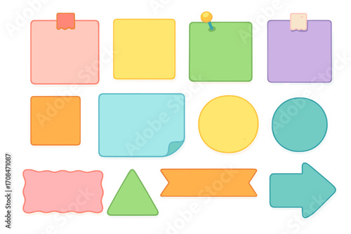 Cute sticky notes set. Collection of colorful blank paper shapes, memo stickers, reminder labels, and message banners. Vector illustration for school, office, scrapbooking.