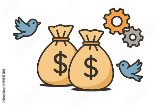 Vector flat illustration showing money bags with dollar signs, gears, and flying birds symbolizing finance, technology integration, creative business solutions, innovation concept