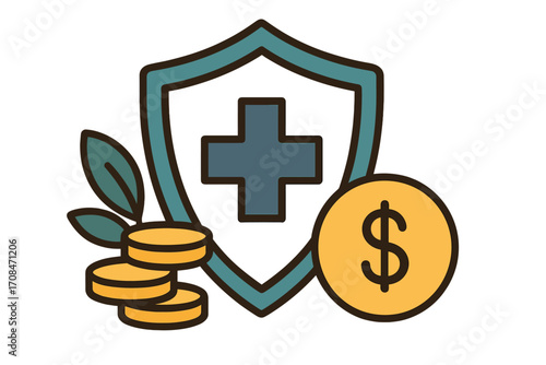 Flat vector illustration of health insurance concepts with protective shield, medical cross symbol, coins and dollar sign, financial security, healthcare economy, medical cost protection
