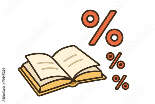 Open book with percentage symbols flat vector illustration, financial education concept, learning math, statistics, business, interest rates, transparent background cartoon design