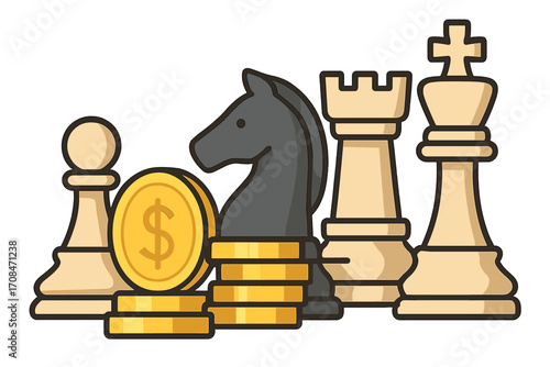 Creative financial strategy concept with chess pieces and gold coins, business planning and investment illustration, flat vector cartoon design with transparency