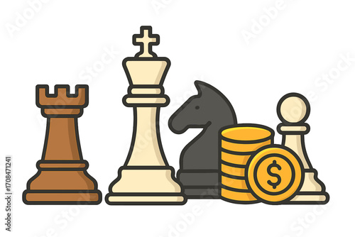 Vector flat illustration of chess pieces with stacked gold coins representing finance, strategy, investment, business growth, money management, creative concept