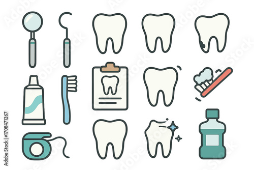 Vector flat illustration of dental tools, teeth stages, oral hygiene items, dentistry equipment, tooth decay and care, toothbrush, toothpaste, floss and mouthwash for education