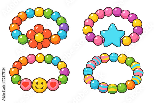 Set of colorful beaded bracelets for kids. Children's friendship jewelry collection. Vector cartoon craft kit with flower, star, and smiley face beads. Cute accessory design.