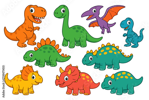 Cute cartoon dinosaur set. Collection of funny baby dino characters. Prehistoric animal illustrations for kids. T-rex, triceratops, stegosaurus icons. Vector reptile mascot pack.