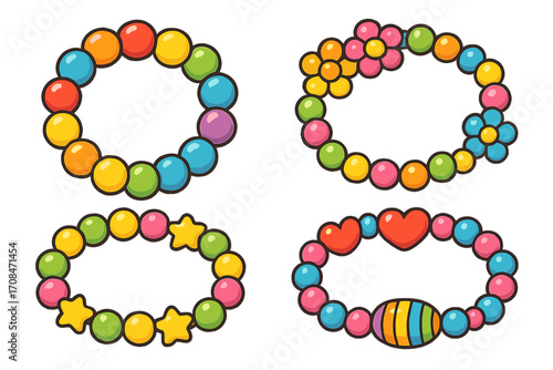 Colorful beaded bracelets set for kids. Children's friendship bracelet craft kit. Vector cartoon illustration with heart, star, and flower beads for jewelry design.