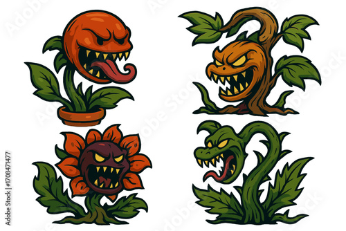 Set of monster plants vector. Carnivorous flower cartoon characters. Angry venus flytrap mascot illustration. Evil nature creatures collection for halloween. Spooky horror plants.