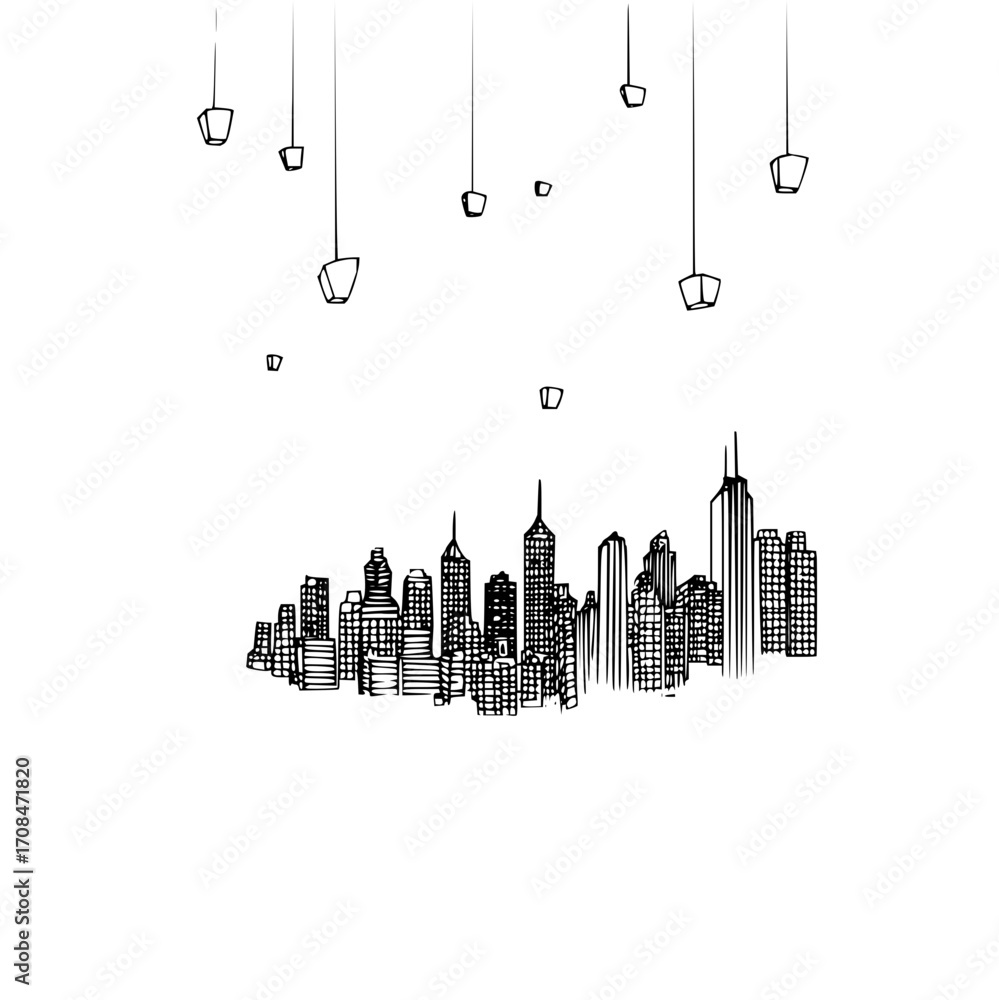 Fototapeta premium Cityscape sketch skyline illustration with hanging lights black and white urban architecture drawing design art
