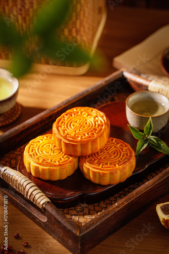Traditional Handmade Mooncakes with Lotus Seed Paste on Wooden Tray Mid-Autumn Festival Delicious Chinese Pastry