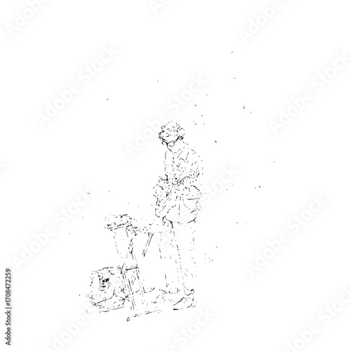 Sketch of man standing by folding table with gear for camping outdoors adventure and travel equipment packing list