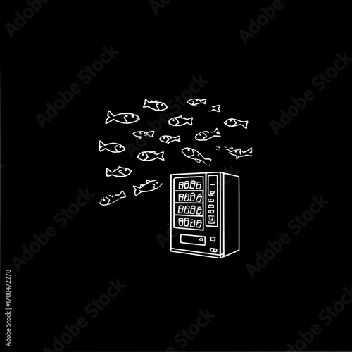 Fish vending machine surreal art print black and white illustration modern minimalist drawing quirky design 100