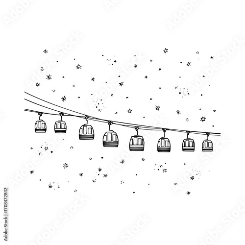 Ski resort gondola lift vector illustration winter scene black and white mountain transportation drawing design