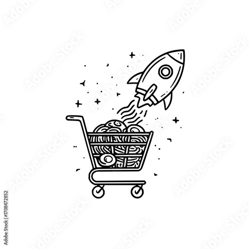 E commerce rocket launching from shopping cart online store sales growth business concept vector art