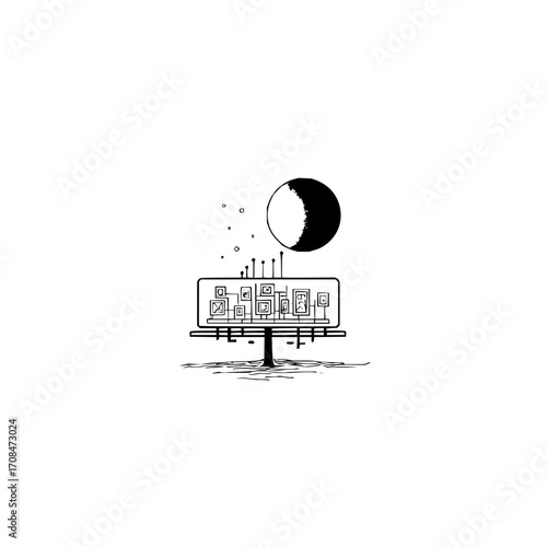 Minimalist billboard art installation with moon phases and framed artwork vector illustration design