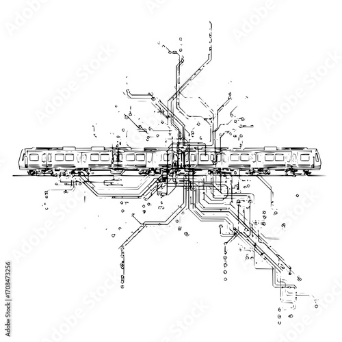 Abstract train subway metro transportation system map black and white line art illustration design concept
