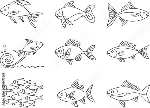 Collection of nine hand-drawn line art style fish images for various design needs