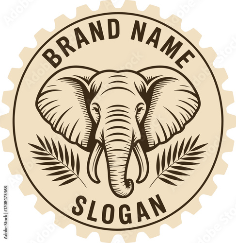 Circular elephant logo with vintage style and brand name slogan elements