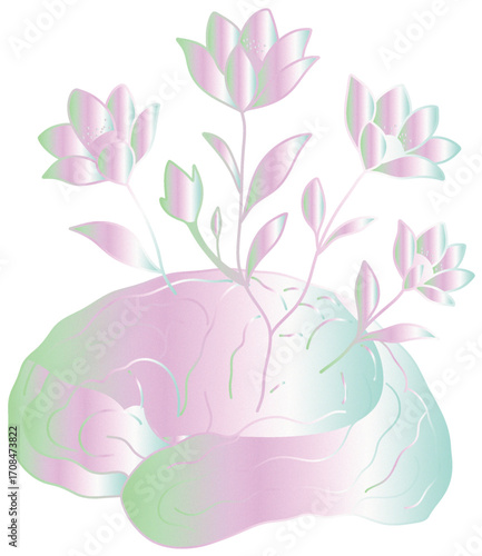 Dreamy pastel brain with glowing flowers, blending soft pink and green iridescence symbolizing healing, growth, and futuristic mindfulness with a magical Y2K aesthetic.