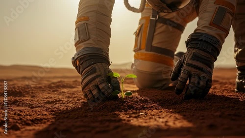 Man astronaut caring plant sprout on red planet or mars surface. Space discovery colonization sci-fi concept with new life footage.