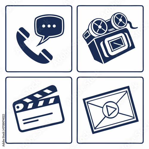 Four vintage communication and media icons, including a phone, a vintage camera, a clapperboard, and a video email.