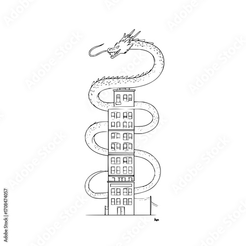 Dragon wrapping around building drawing black and white line art mythical creature architecture fantasy art print