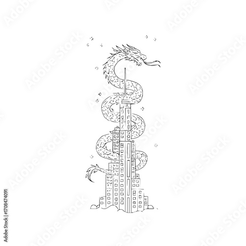 Dragon wrapping skyscraper illustration, fantasy art, mythical creature design, black and white sketch drawing