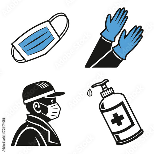 Icons of face mask, gloves, hand sanitizer, and person wearing a mask.