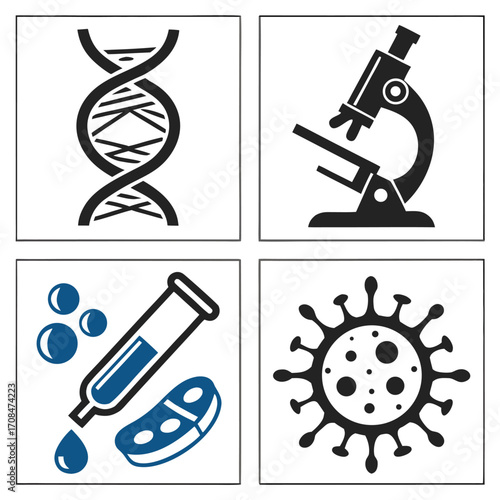 Science icons DNA microscope test tube and virus illustration