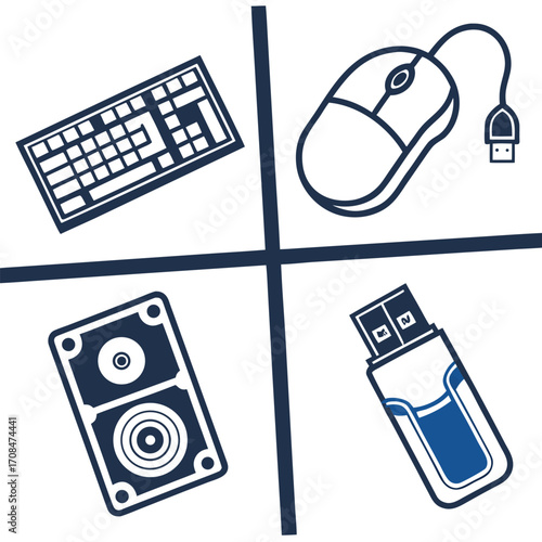 Computer peripherals including keyboard mouse floppy disk and USB drive