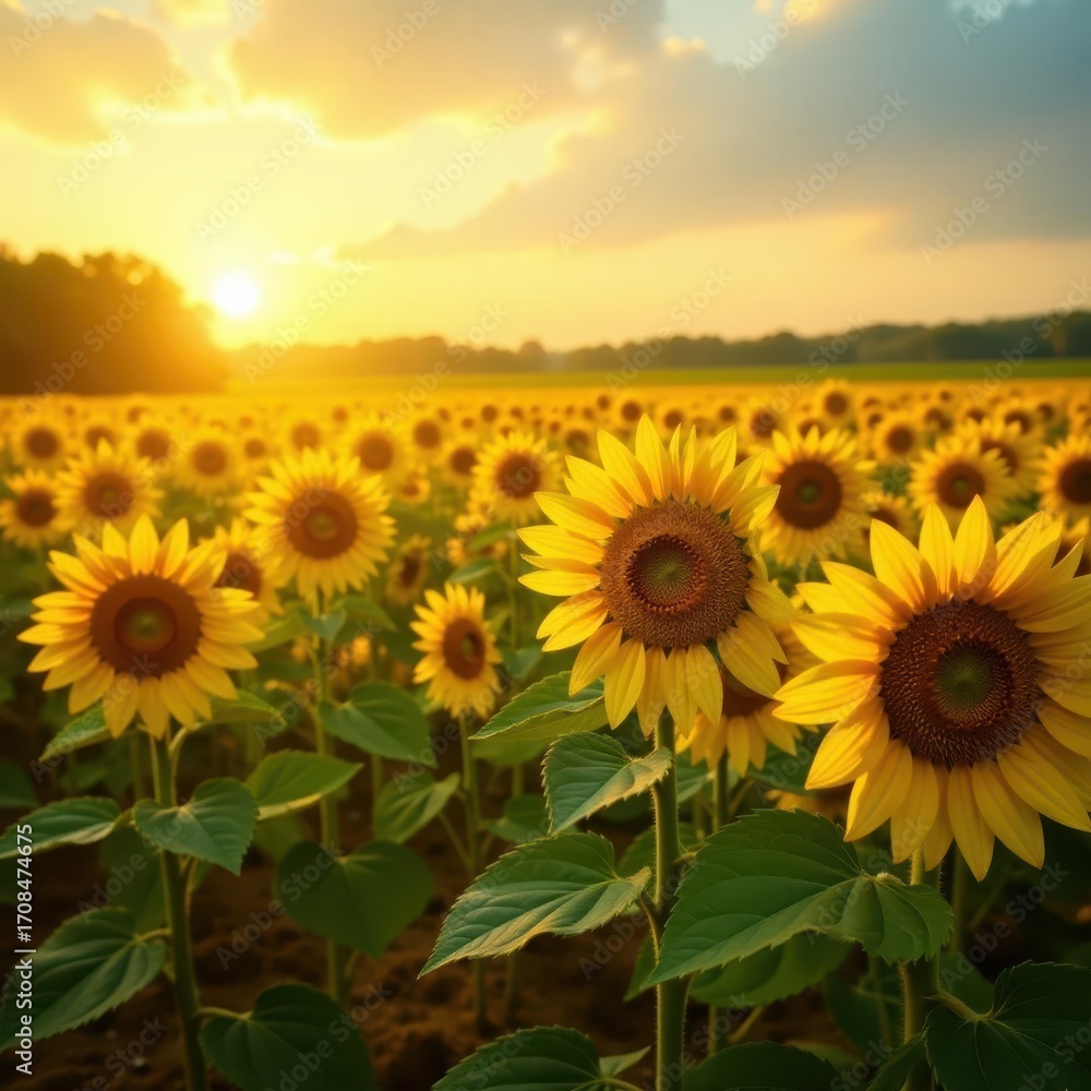 Obraz premium A vibrant field of sunflowers bask in the glow of the sun, showcasing the beauty of nature and farming , growth, bloom
