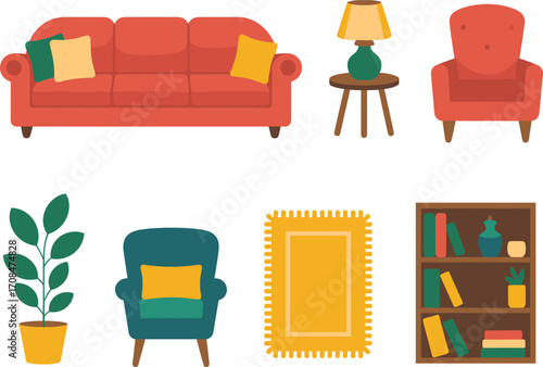 Modern home furniture and decor set sofa armchair lamp rug bookshelf plant