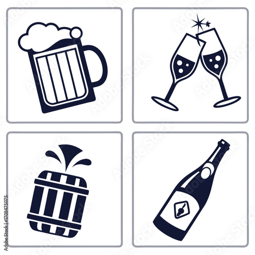 Four simple icons of beer champagne and celebration