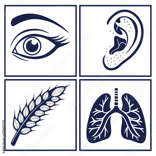 Human senses and wheat icons sight hearing smell and touch
