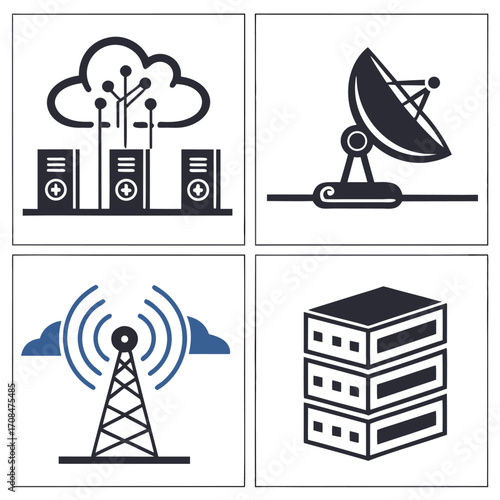 Cloud computing satellite communication and data center server icons
