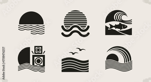 Ocean Sunset Icon Set: A set of stylish vector icons, the artistic elements each featuring elements of the ocean and the sun, evoking feelings of peace and adventure. 