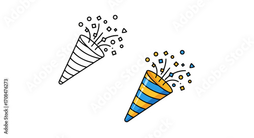 Celebration Confetti: Two vibrant party poppers erupt, spewing colorful confetti in a joyous celebration, perfect for conveying festive sentiments and cheerful greetings.