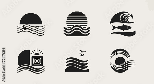 Ocean Icons: A collection of minimalist graphic design featuring a series of ocean-themed icons. Each emblem presents a unique interpretation of the sea, sun, waves, and aquatic life. 