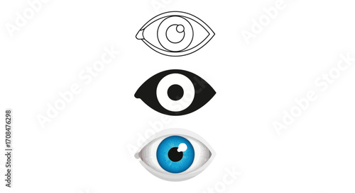 Vision and Perception:  A triptych of eye illustrations captures the essence of sight, with a focus on vision, perception, and the clarity of sight and inner seeing.