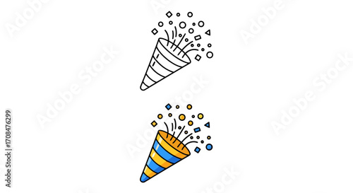 Party Popper Illustration: A dynamic illustration features two versions of a celebratory party popper. One is a clean, minimalist line drawing, while the other bursts with color and joyful energy.