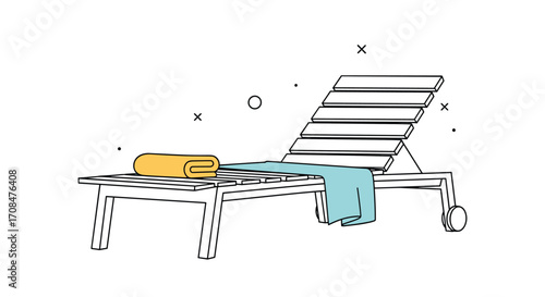 A lounge chair on the beach with a towel and a blue blanket.