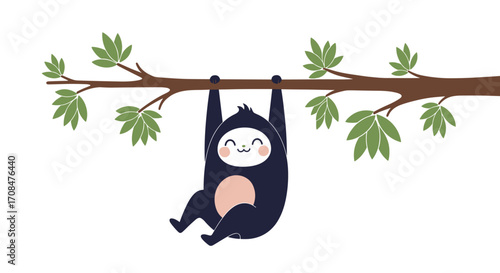 Cute dark furred ape hanging from a tree branch with green leaves.