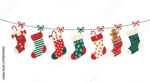 A festive collection of hanging christmas stockings for holiday decorations.