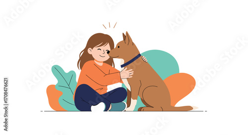 A girl is hugging her dog while sitting on the ground with plants around them.