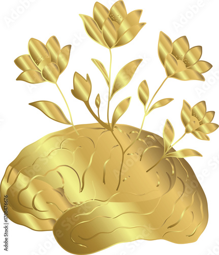 Luxurious golden brain with metallic flowers blooming from it symbolizing elite intelligence, growth, and high-value creativity in a premium surreal aesthetic.