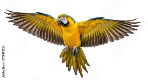 Isolated Blue-and-Yellow Macaw with Extended Wings, Vibrant Bird Spreading Feathers