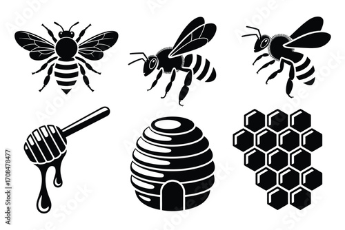 Set of Bee and Honey Icons,  Black and White Illustrations of Honeycomb, Beehive, Bees, Flowers, Honey Jar, Silhouette Style for Organic Food, Agriculture, and Eco Design