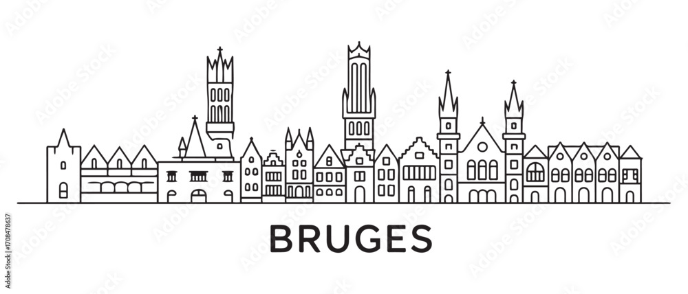 Fototapeta premium Bruges Line Art skyline horizontal banner. Bruges, Belgium. Vector template for your design. with white background