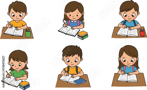 Cartoon children studying, school desk illustration, homework activity, classroom learning, focused students, education concept, vector art, kids writing, academic theme, colorful clipart
