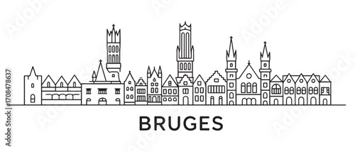 Bruges Line Art skyline horizontal banner. Bruges, Belgium. Vector template for your design. with white background