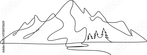 Minimalist single line art depicting majestic mountain peaks and landscape elements